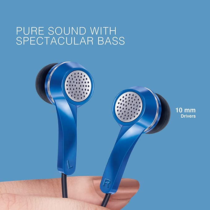 FINGERS SoundGlitz Wired Earphones (Pure Sound with High Bass | Sturdy Cable with L-Pin Connector | Built-in Mic | Free Carry Case)- Imperial Blue + Silver