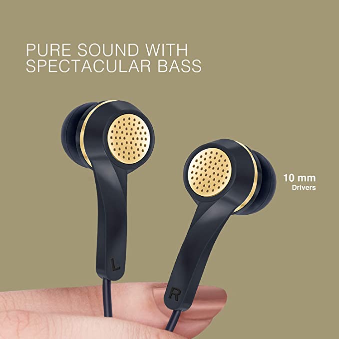 FINGERS SoundGlitz Wired Earphones (Pure Sound with High Bass | Sturdy Cable with L-Pin Connector | Built-in Mic | Free Carry Case)- Ink Black + Gold
