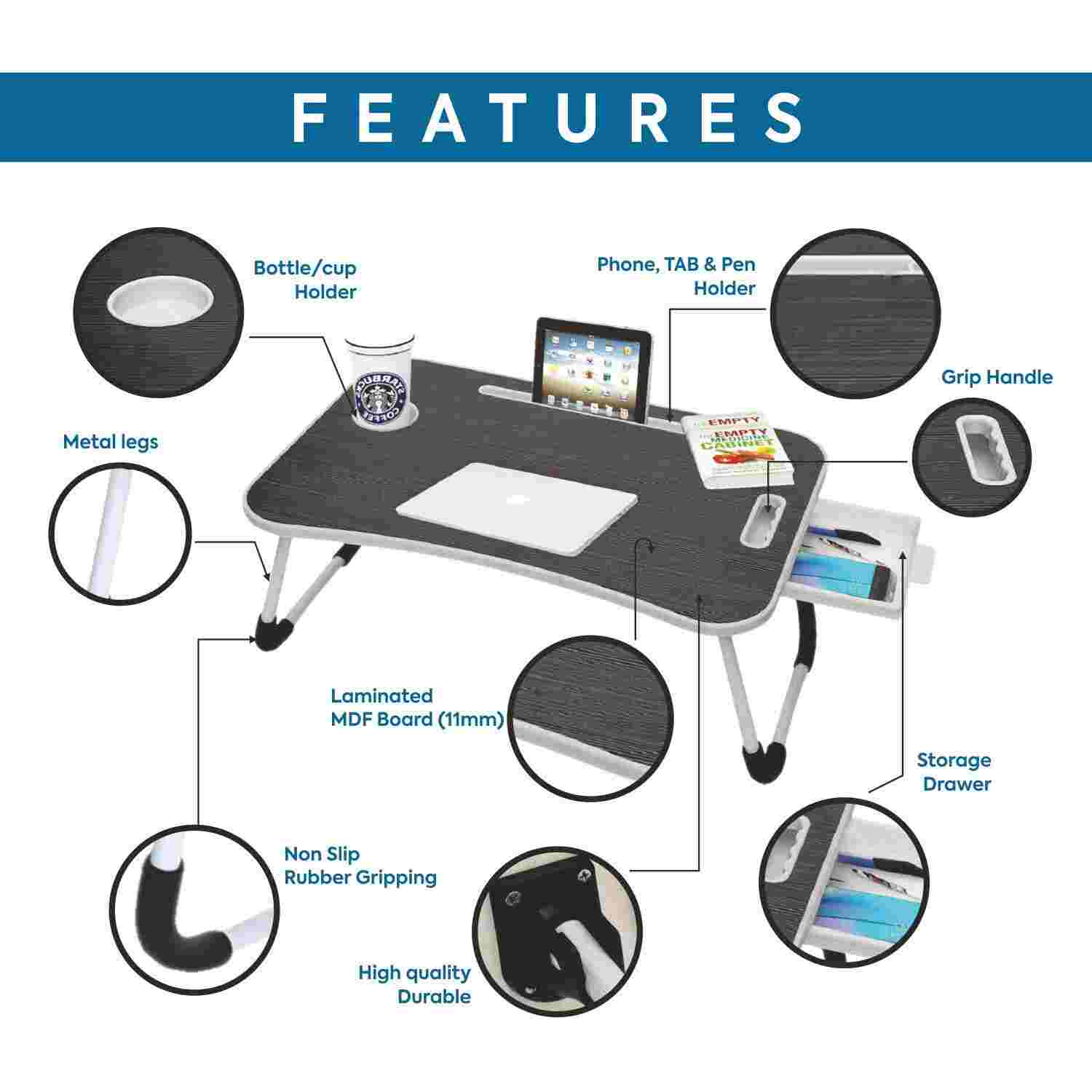 Multipurpose Foldable Laptop Table with Cup Holder | Drawer | Mac Holder | Study Table, Breakfast Table, Foldable and Portable/Ergonomic & Rounded Edges/Non-Slip Legs (WA-27-Black) | Metal