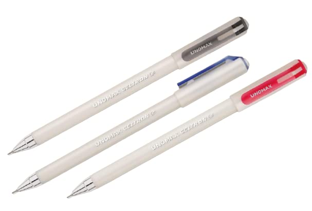 Unomax Geltron Pearl Gel Pen - Pack of 10 Pens (4 Blue, 3 Black and 3 Red) | Water Proof Ink | White Body