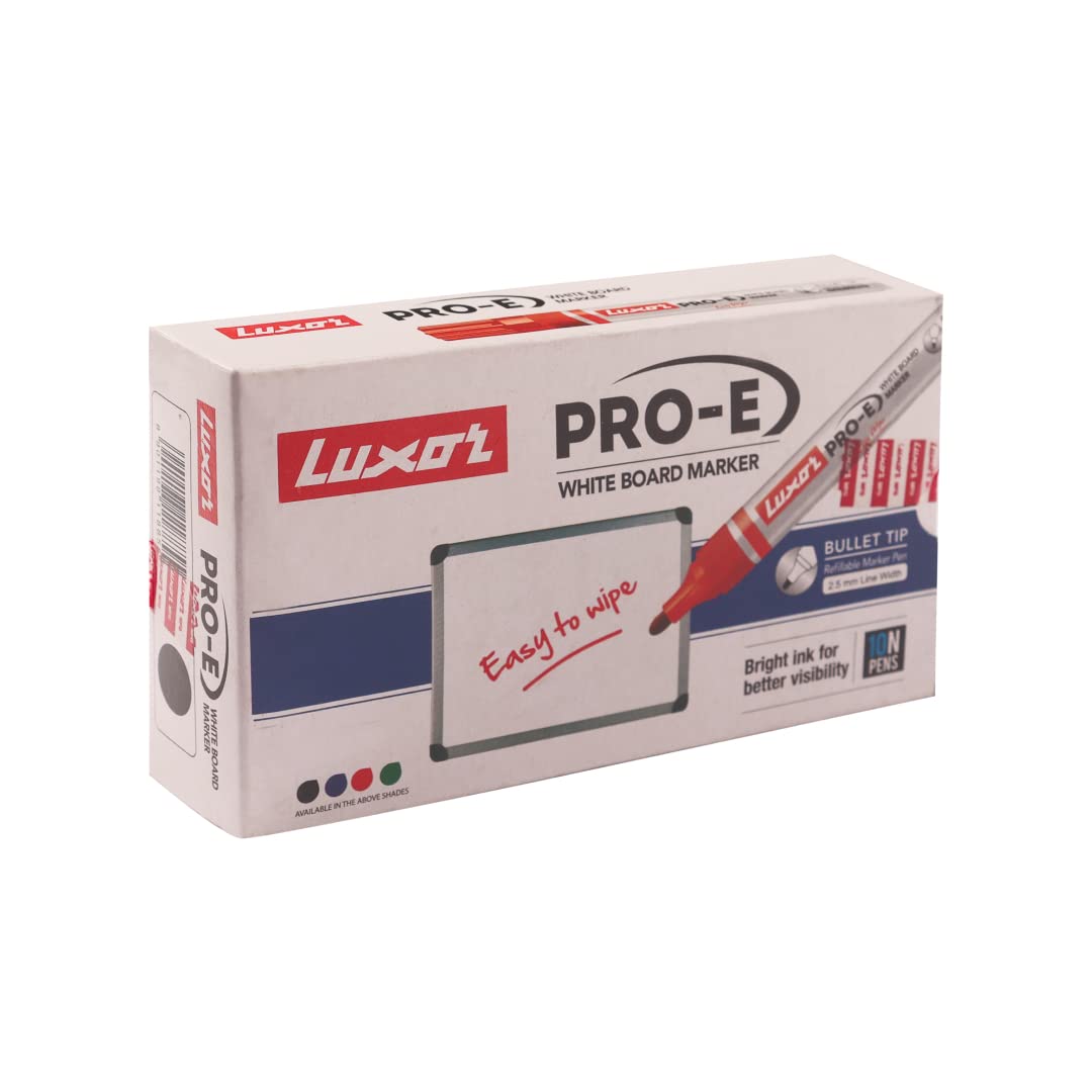 Luxor PRO-E White Board Bold Point Tip Marker Pen (Pack of 10, Ink Colour - Black)