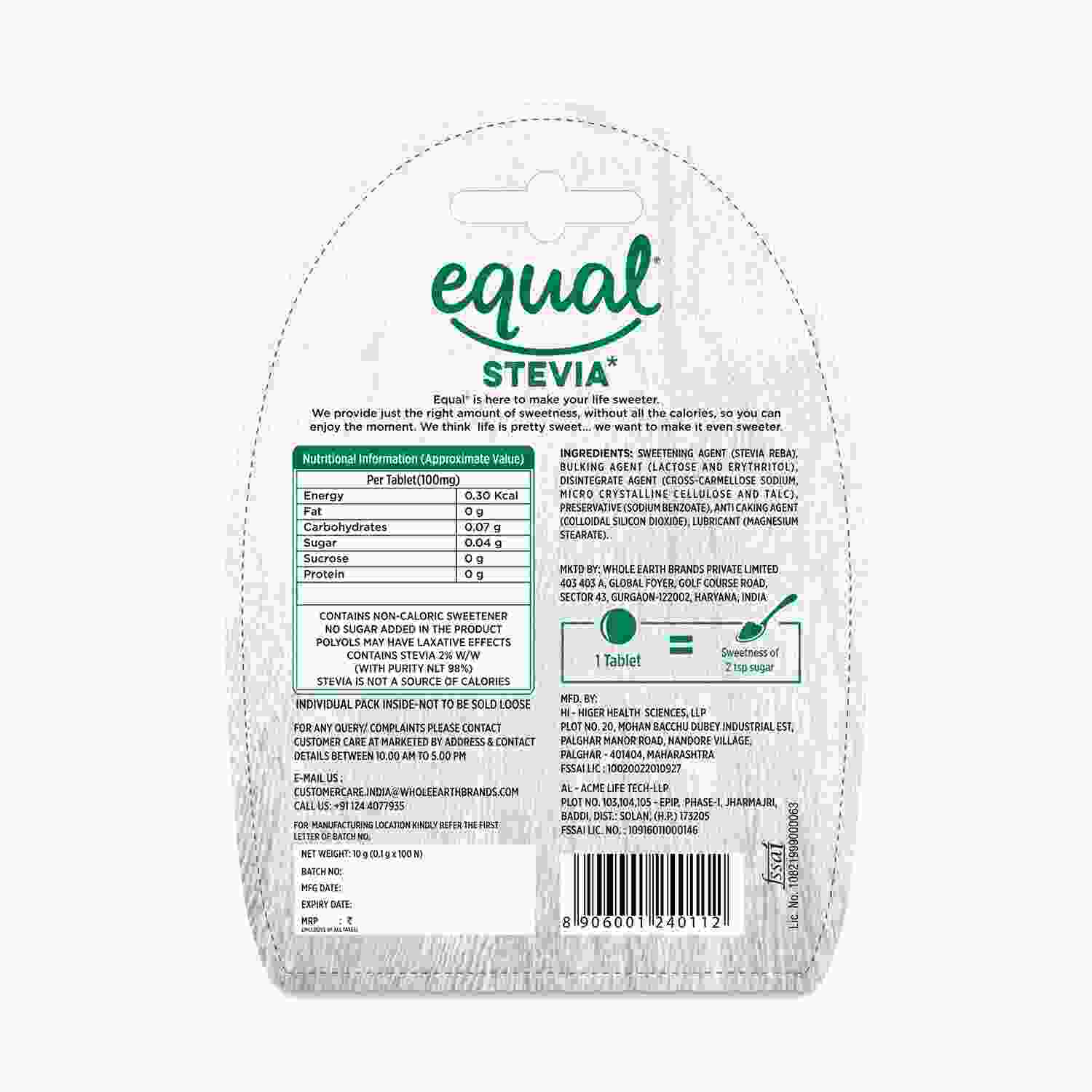 Equal Stevia Natural Sweetener, Sugar Free, 100 Tablets