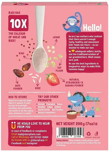 Slurrp Farm Ragi Rice Strawberry Instant Healthy Cereal, Mildly Sweetened With Date Powder - 200g