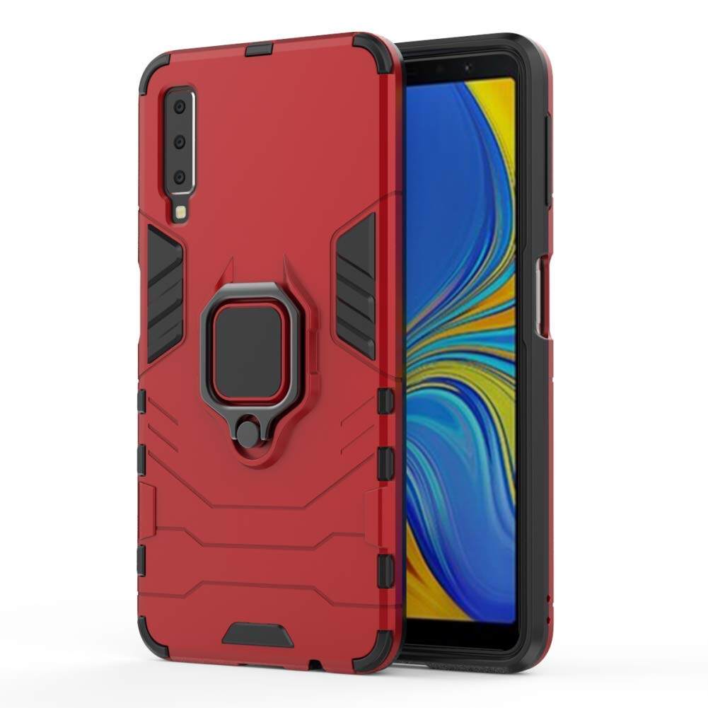 Poly Carbonate Shockproof Back Cover for Samsung Galaxy A7 2018 Heavy Duty Dazzle with Ring Kickstand Protective Back Cover Compatible for Samsung Galaxy A7 2018 - Red
