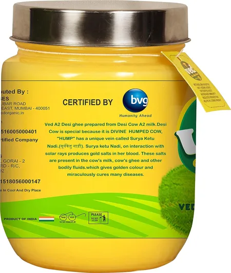 Ved A2 Desi Gir Cow Cultured Ghee Glass Bottle - 1Litre