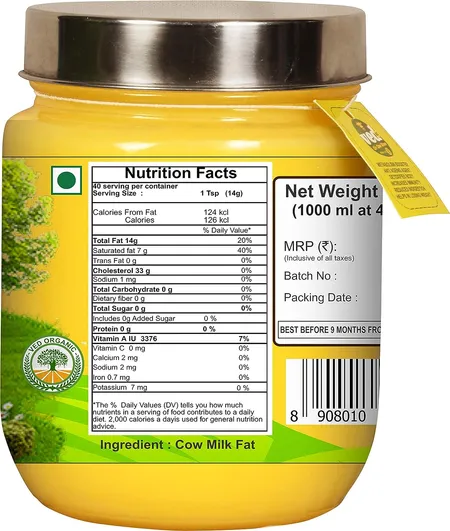 Ved A2 Desi Gir Cow Cultured Ghee Glass Bottle - 1Litre
