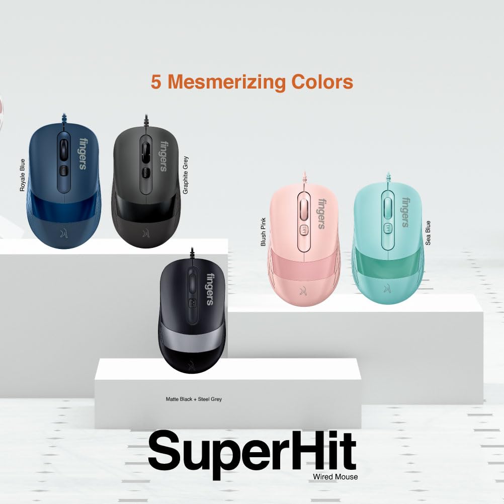 FINGERS SuperHit Wired Mouse with Advanced Optical Technology (Lightweight | Trendy Dual-Tone Design | Works Well with Windows®, macOS, Linux) (Matte Black + Steel Grey)