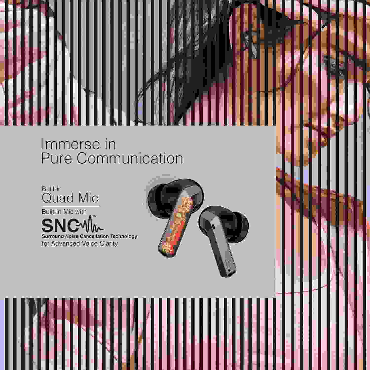 FINGERS Mesmeric TWS Earbuds Immersive Sound with 10 mm Deep bass Drivers, 60 Hours Playtime, Built-in Quad Mics, SNC™ Technology, Quick Charge Type-C Fast Charging (Gun Metal + Black)