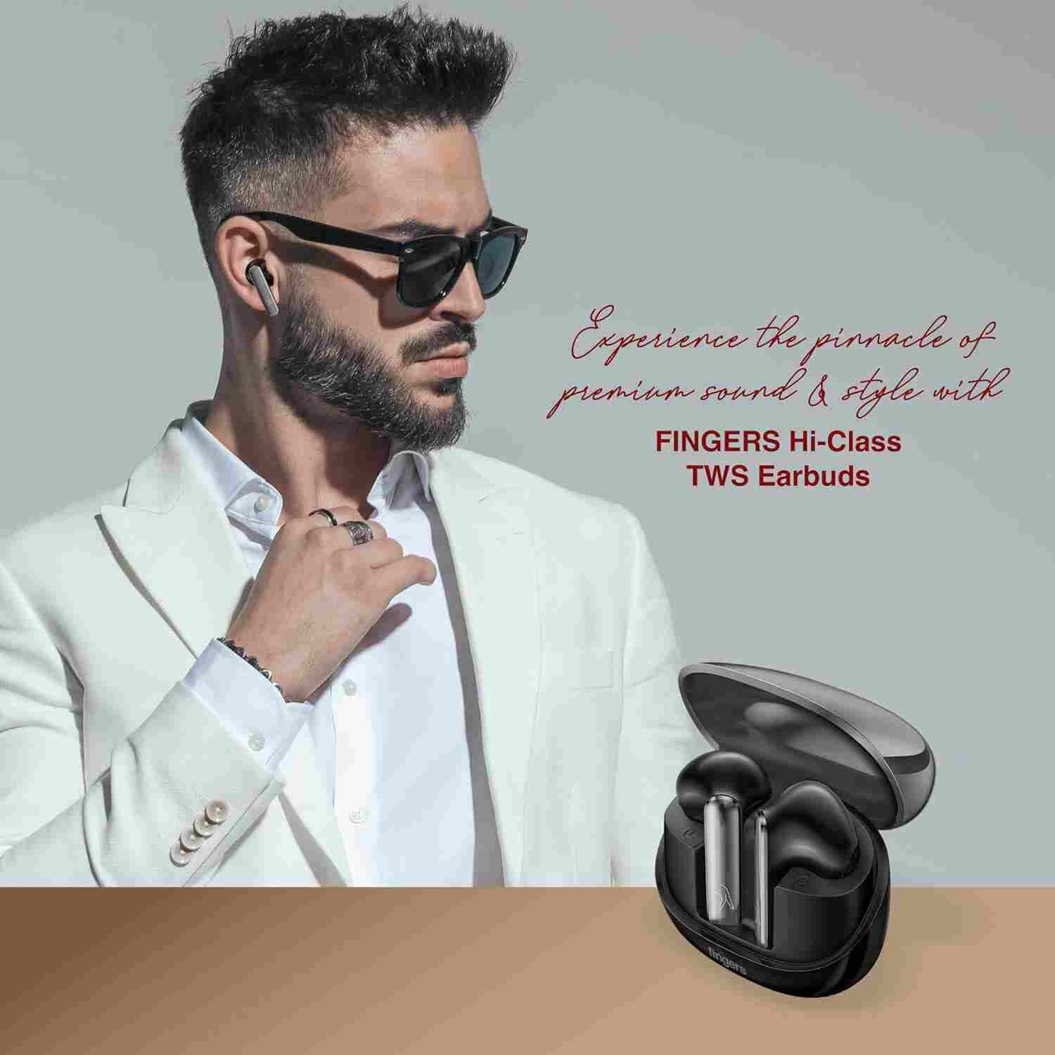 FINGERS Hi-Class TWS Earbuds - Classy | High-Class Sound, 24 Hours Playtime, Surround Noise Cancellation, Dual Language Voice Prompts, Intuitive Touch Controls (Gun Metal + Piano Black)
