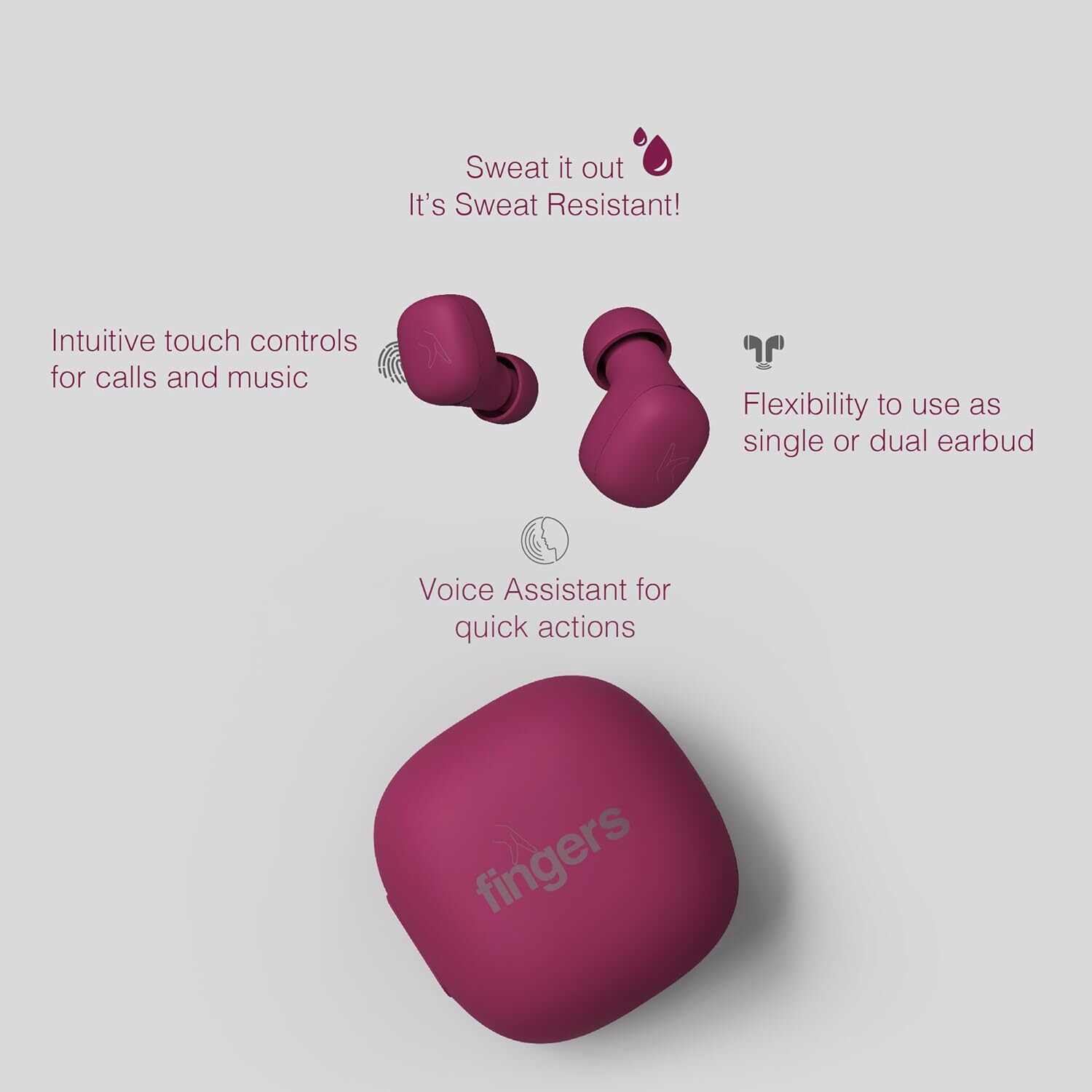 FINGERS SizeZero Pods2 World's Tiniest TWS Earbuds with 15-Hour Total Playtime, Quick Charge of 10 mins for 2-Hour Playtime, Built-in Mic with SNC™ Technology for Clear Calls (Plum)