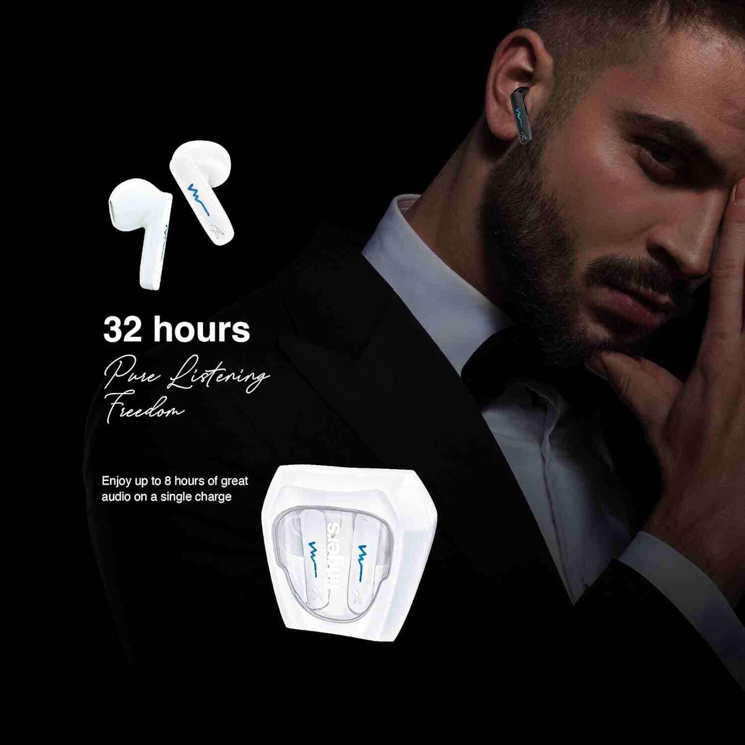 FINGERS Tuxedo TWS Earbuds with 32-Hour Playtime, Fast Charging, 13mm Neodymium Drivers, Surround Noise Cancellation (SNC Technology) Built-in Mic, IPX4 Sweat Resistant, Voice Assistant (Luxe White)