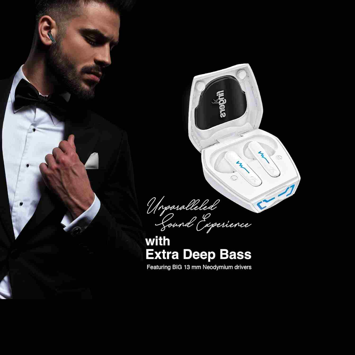 FINGERS Tuxedo TWS Earbuds with 32-Hour Playtime, Fast Charging, 13mm Neodymium Drivers, Surround Noise Cancellation (SNC Technology) Built-in Mic, IPX4 Sweat Resistant, Voice Assistant (Luxe White)