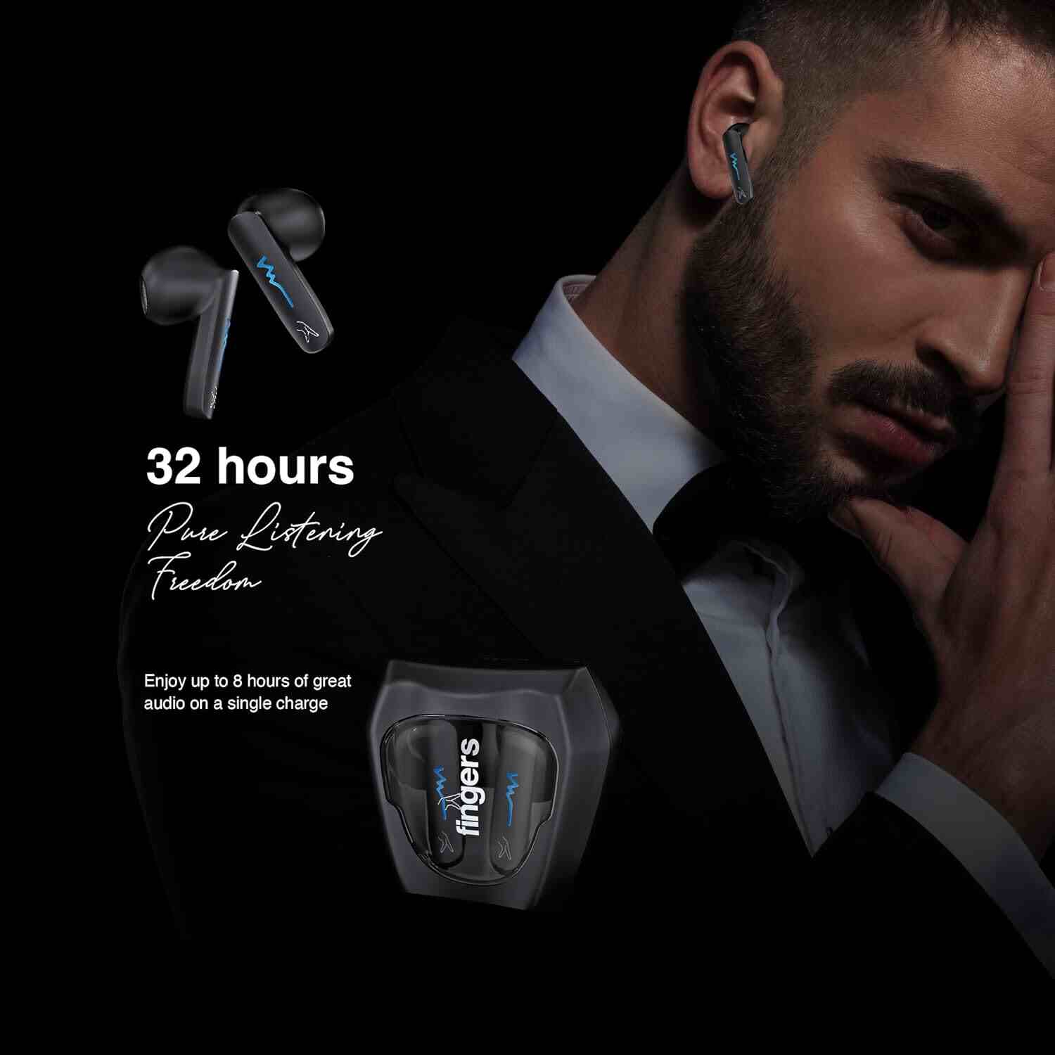 FINGERS Tuxedo TWS Earbuds with 32-Hour Playtime, Fast Charging, 13mm Neodymium Drivers, Surround Noise Cancellation (SNC Technology) Built-in Mic, IPX4 Sweat Resistant, Voice Assistant (Luxe Black)