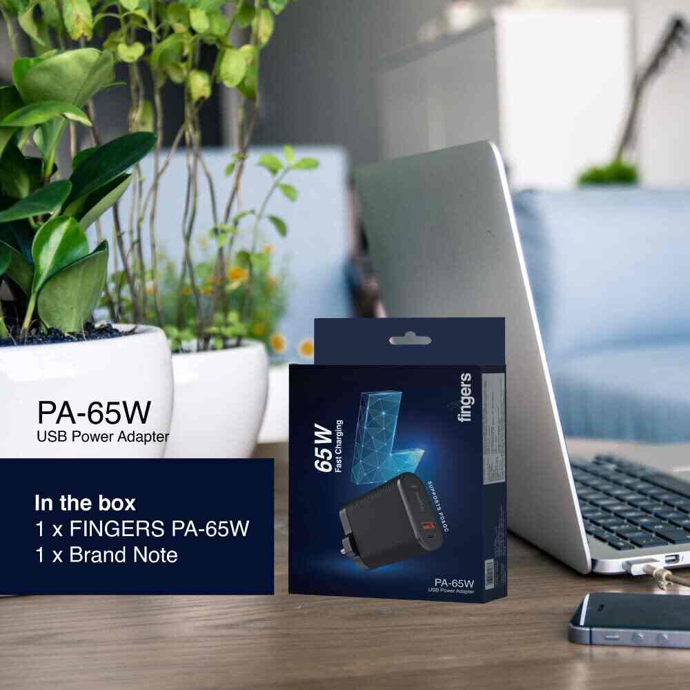 FINGERS PA-65W Power Adapter with 65 W Fast Charging, Dual USB Ports (USB-A and Type-C with PD), Compact Mobile Adapter with Multi-Layer Protection for All Devices Including Laptops, BIS Certified