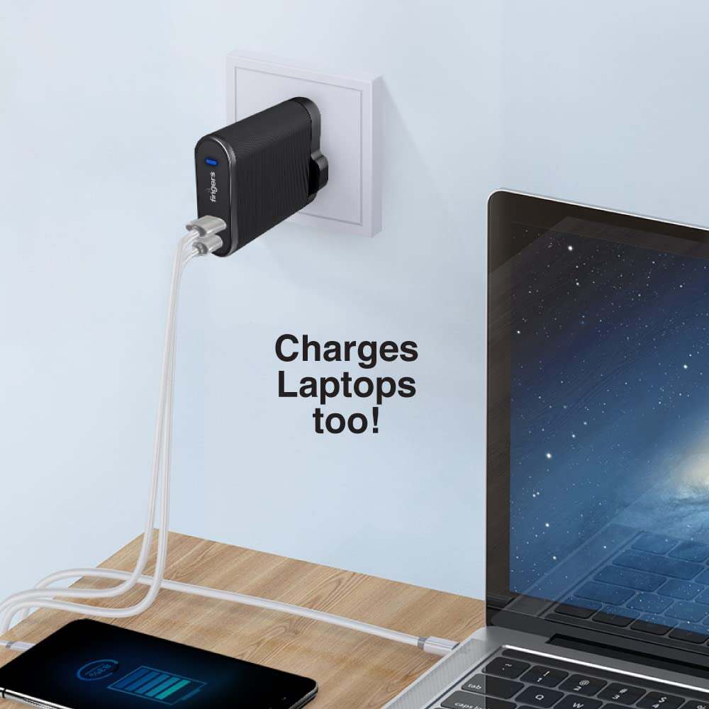 FINGERS PA-65W Power Adapter with 65 W Fast Charging, Dual USB Ports (USB-A and Type-C with PD), Compact Mobile Adapter with Multi-Layer Protection for All Devices Including Laptops, BIS Certified