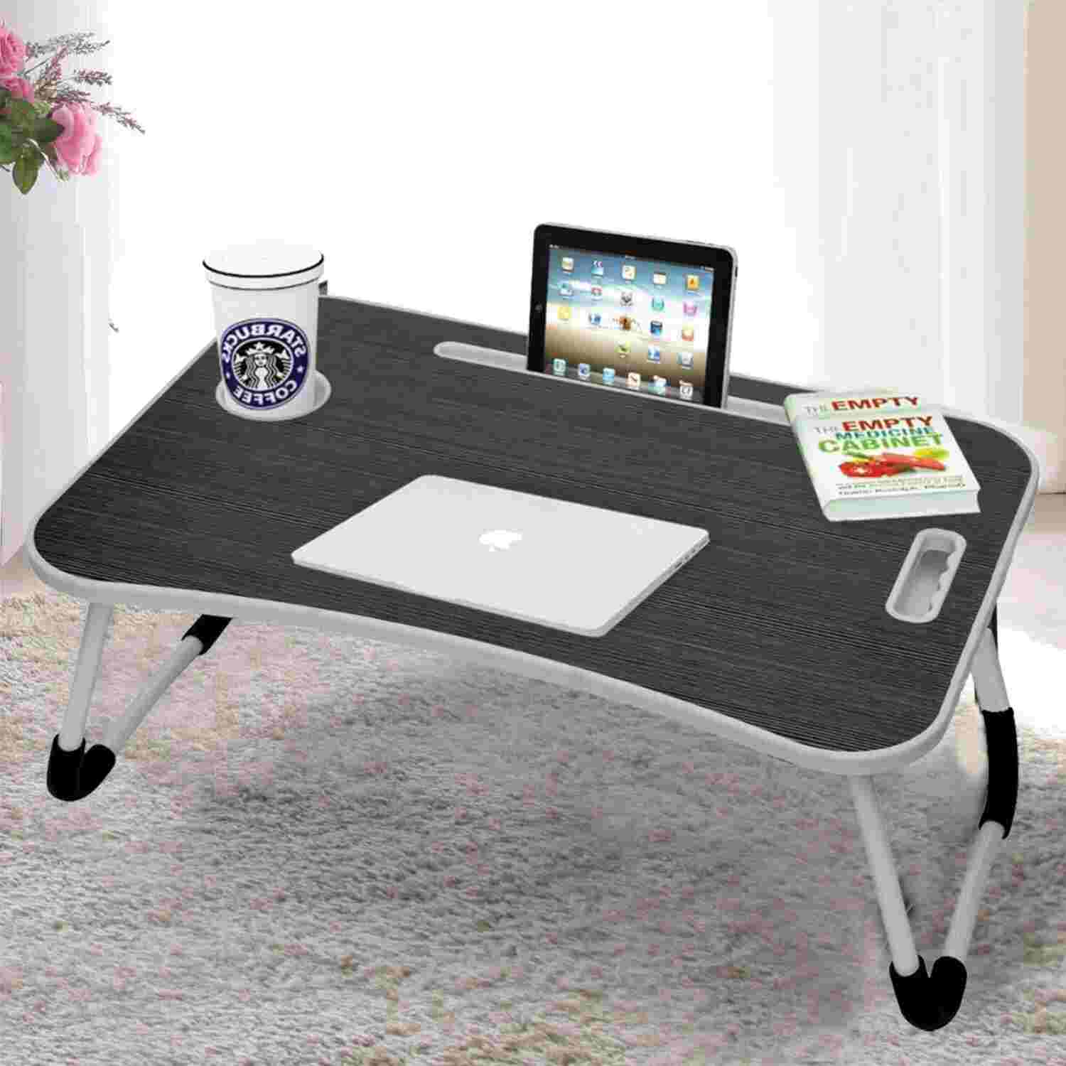 Multipurpose Foldable Laptop Table with Cup Holder | Drawer | Mac Holder | Study Table, Breakfast Table, Foldable and Portable/Ergonomic & Rounded Edges/Non-Slip Legs (WA-27-Black) | Metal