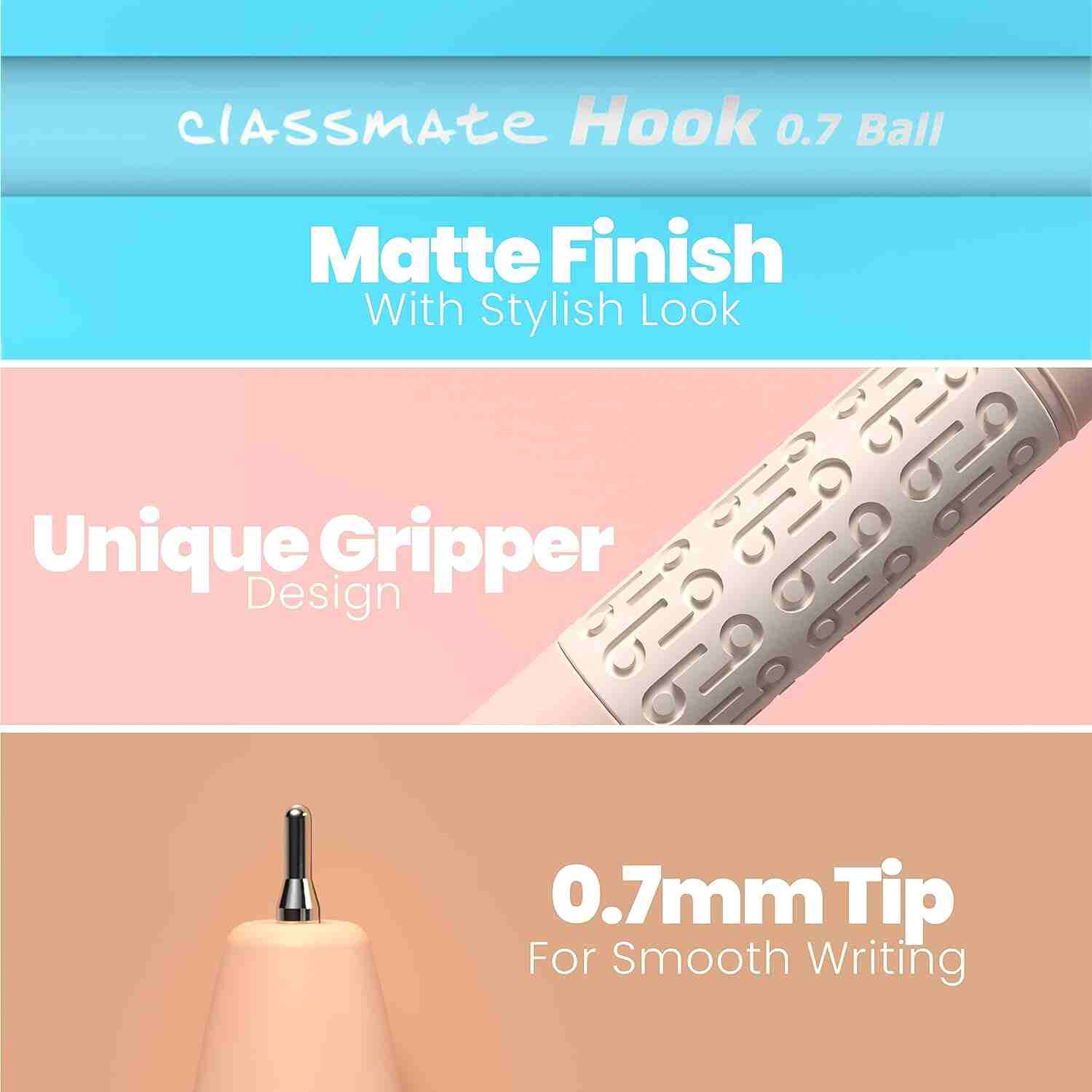 Classmate Hook Ball Pen- Blue (Pack of 10)|Multicolour Body Pens|Attractive Pastel Shades for Boys & Girls|Smooth Writing Ball Pen|Unique Design