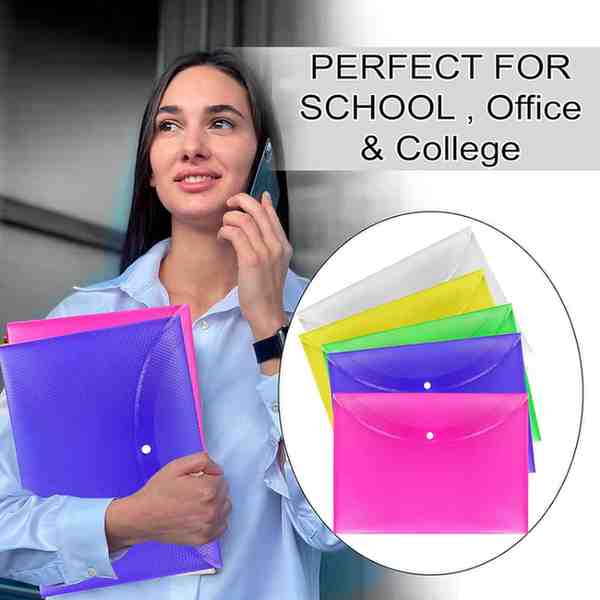 SBFM Bright Color Envelope Folder, Poly-Plastic A4 Documents File Storage Bag With Snap Button Certificate File Holder Document Folder For Certificates (Mix Color), Multi-Coloured (Pack of 12)