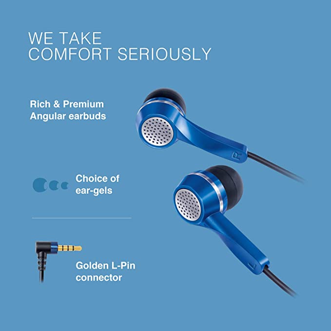 FINGERS SoundGlitz Wired Earphones (Pure Sound with High Bass | Sturdy Cable with L-Pin Connector | Built-in Mic | Free Carry Case)- Imperial Blue + Silver