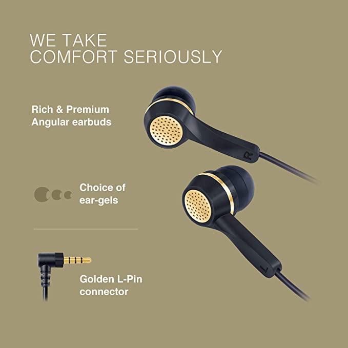 FINGERS SoundGlitz Wired Earphones (Pure Sound with High Bass | Sturdy Cable with L-Pin Connector | Built-in Mic | Free Carry Case)- Ink Black + Gold