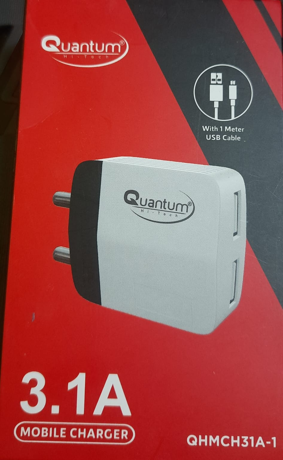 Quantum 3.1Amp Dual Port with USB Cable Fast Charging Mobile Charger 