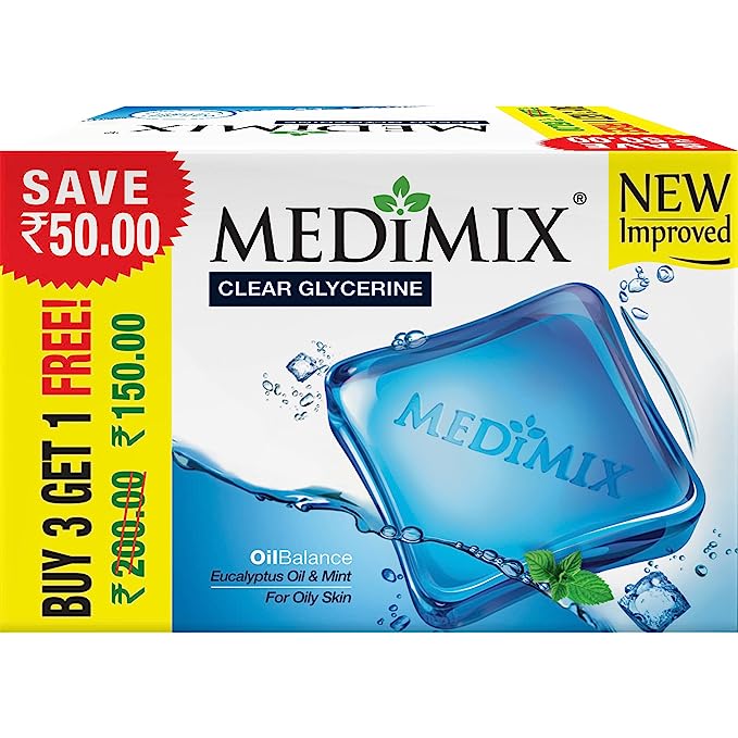 MEDIMIX Clear Glycerine - Oil Balance Soap | Combination of Eucalyptus Oil, Mint and Glycerine | Each 100g (Buy 3 get 1 Free)