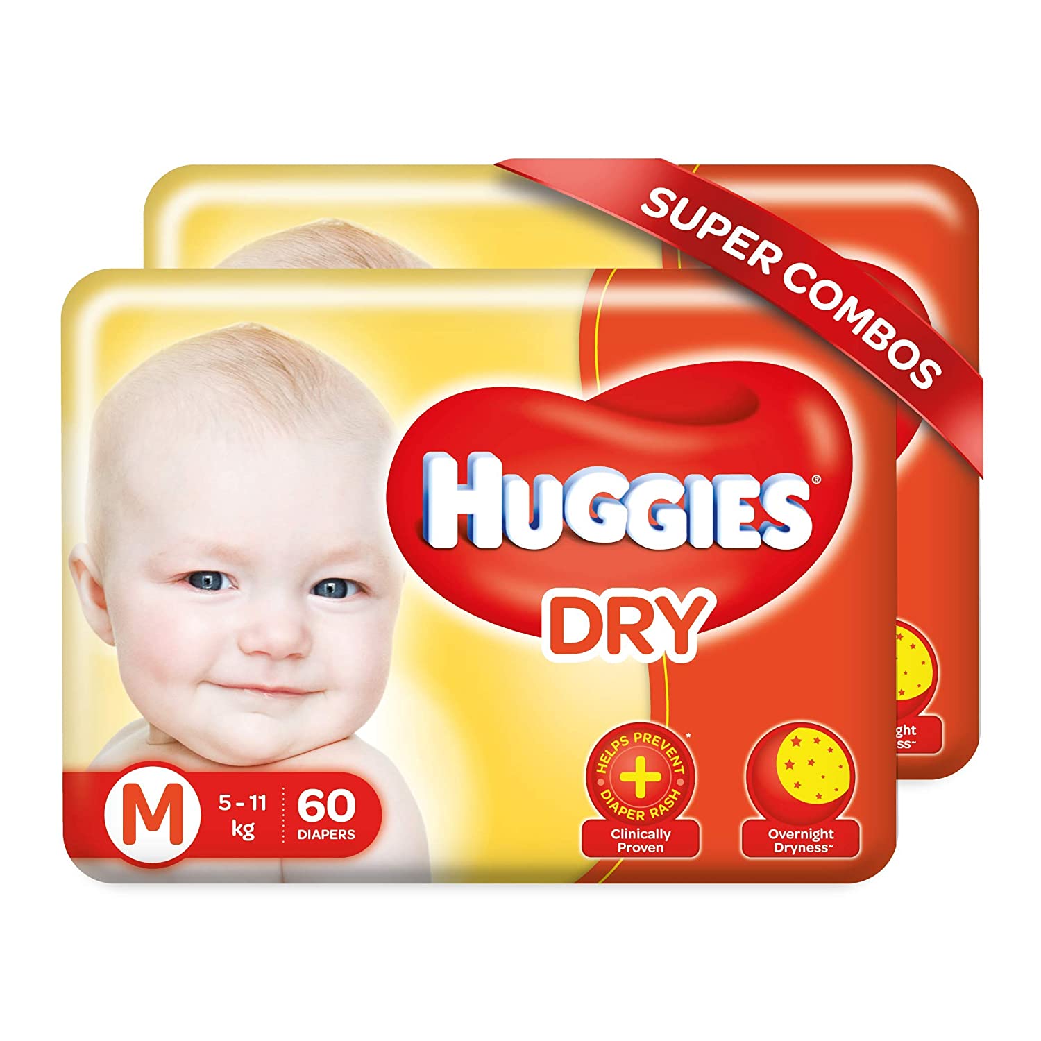 Huggies Complete Comfort Dry Tape Medium (M) Size Baby Tape Diapers, Combo Pack of 2, 60 count per pack, 120 count, with 5 in 1 Comfort