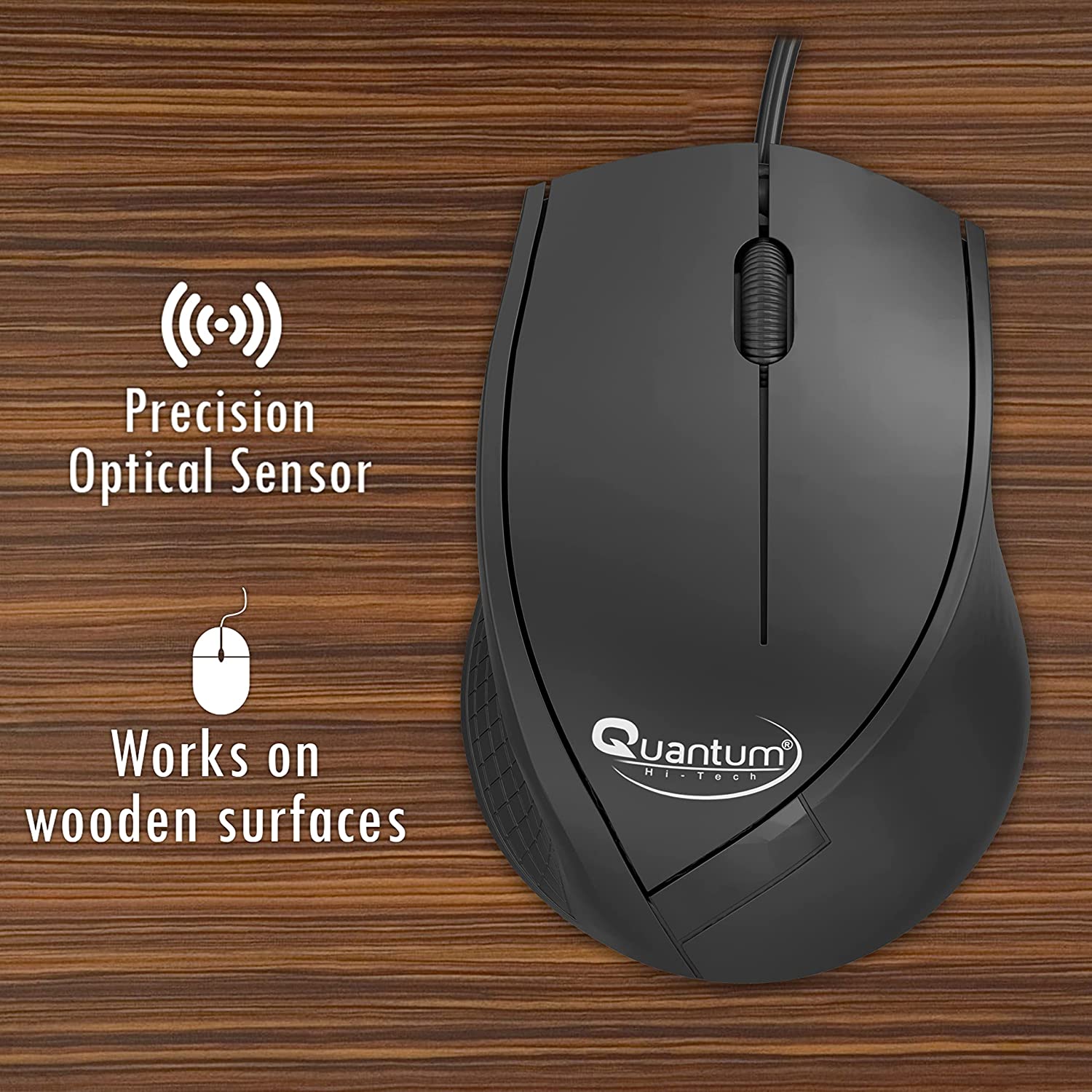 Quantum USB Wired Mouse, 1200 DPI Optical Sensor, Plug & Play Ergonomic Mouse for Comfortable All-Day Grip with 3-Button Design and clickable Scroll Wheel, USB 2.0 Mice for PC/Laptop, QHM251H (Black)