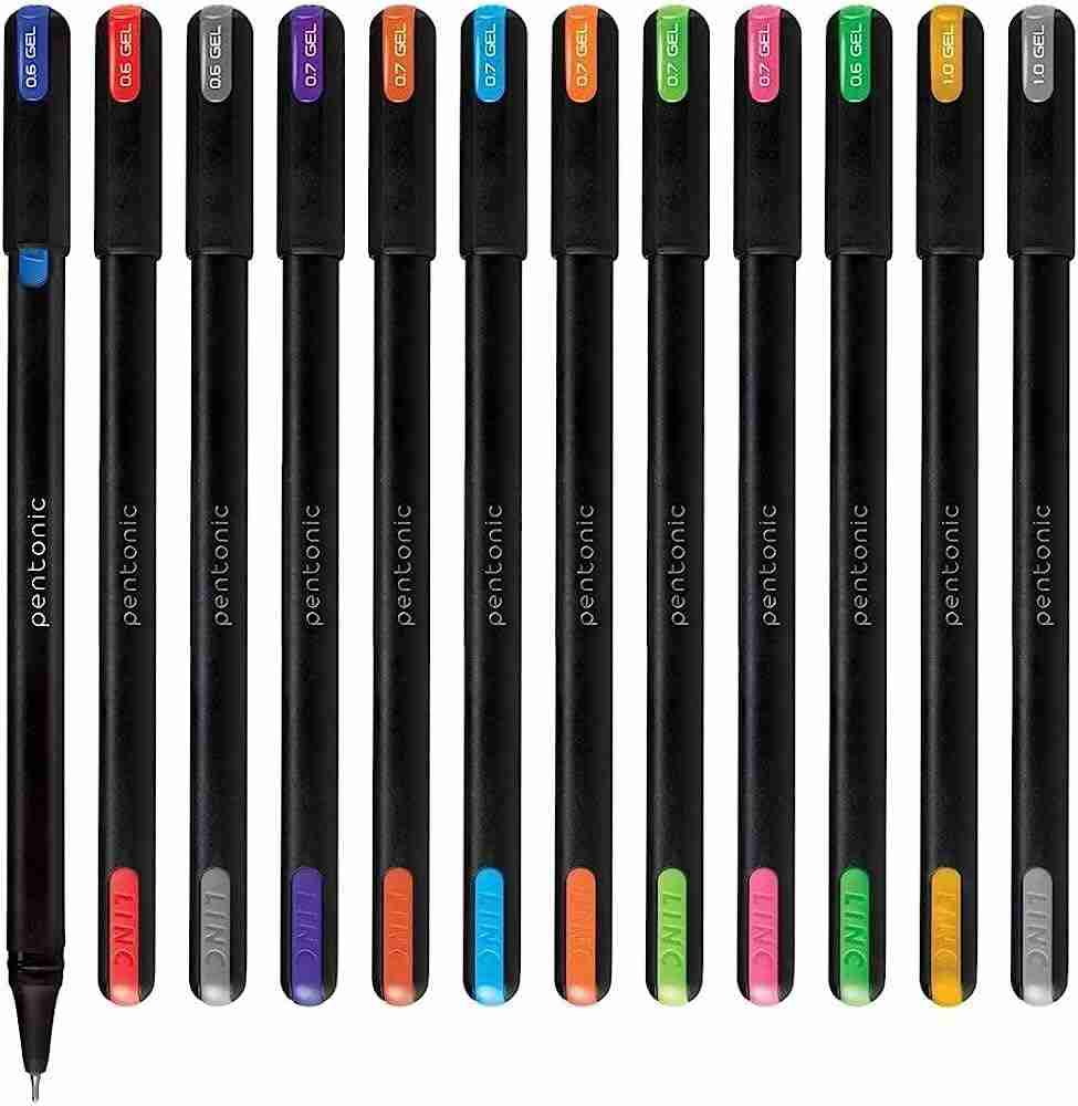 Pentonic Gel Pen With Hard Box Case | 0.6 mm-1.0 mm | Waterproof Gel Ink, Sleek Matt Finish Body | Comfortable Grip For Effortless Writing Experience | Multicolor Ink, Black Body, Pack Of 12 Pens