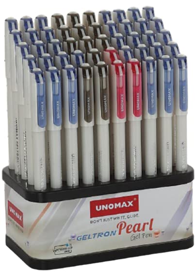 Unomax Geltron Pearl Gel Pen - Pack of 10 Pens (4 Blue, 3 Black and 3 Red) | Water Proof Ink | White Body