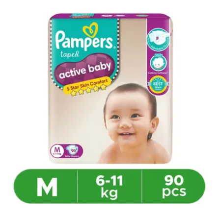 Pampers Active Baby Diaper (Taped, M , 6-11 kg) - 90 Piece
