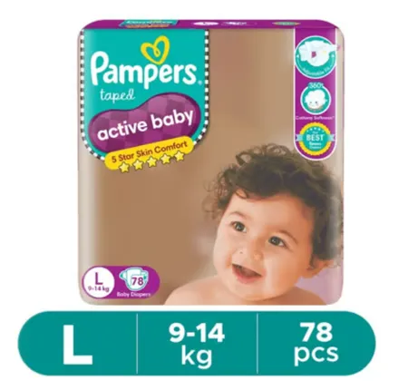 Pampers Active Baby Diaper (Taped, L , 9-14 kg) - 78 Piece