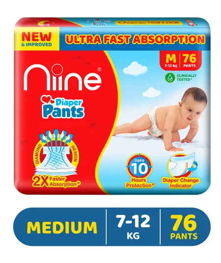 Niine Baby Diaper (Pants, M, 7-12 kg) - 76 Piece