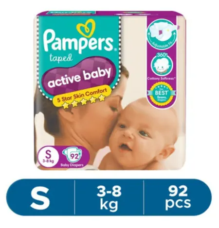 Pampers Active Baby Diaper (Taped, S, 3-8 kg) - 92 Piece