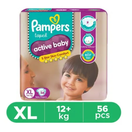 Pampers Active Baby Diaper (Taped, XL , 12+ kg) - 56 Piece