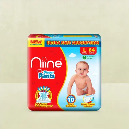 Niine Baby Diaper (Pants, L, 9-14 kg) - 64 Piece