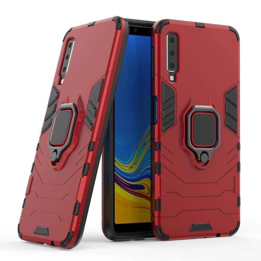Poly Carbonate Shockproof Back Cover for Samsung Galaxy A7 2018 Heavy Duty Dazzle with Ring Kickstand Protective Back Cover Compatible for Samsung Galaxy A7 2018 - Red