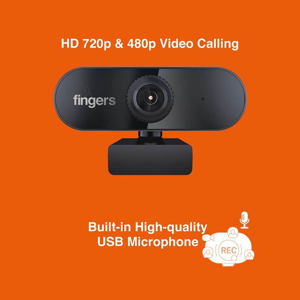 FINGERS 720 Hi-Res Webcam with 720p Wide Angle Lens and Built-in Mic for PC Desktops and Laptops - HD Video Calling & Recording with up to 1280 x 720 Pixels