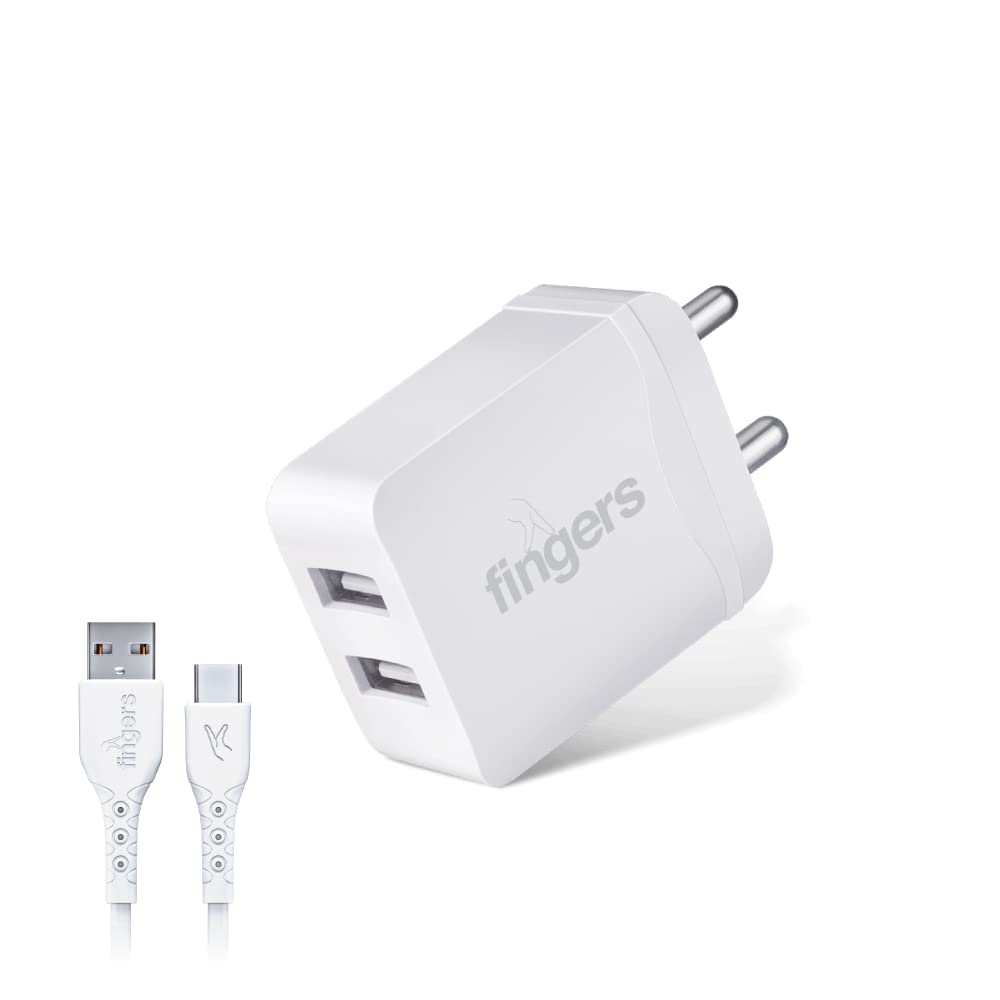 FINGERS PA 12 W USB Dual Power Charger Adapter for Mobile Phones with USB Type C Cable - White