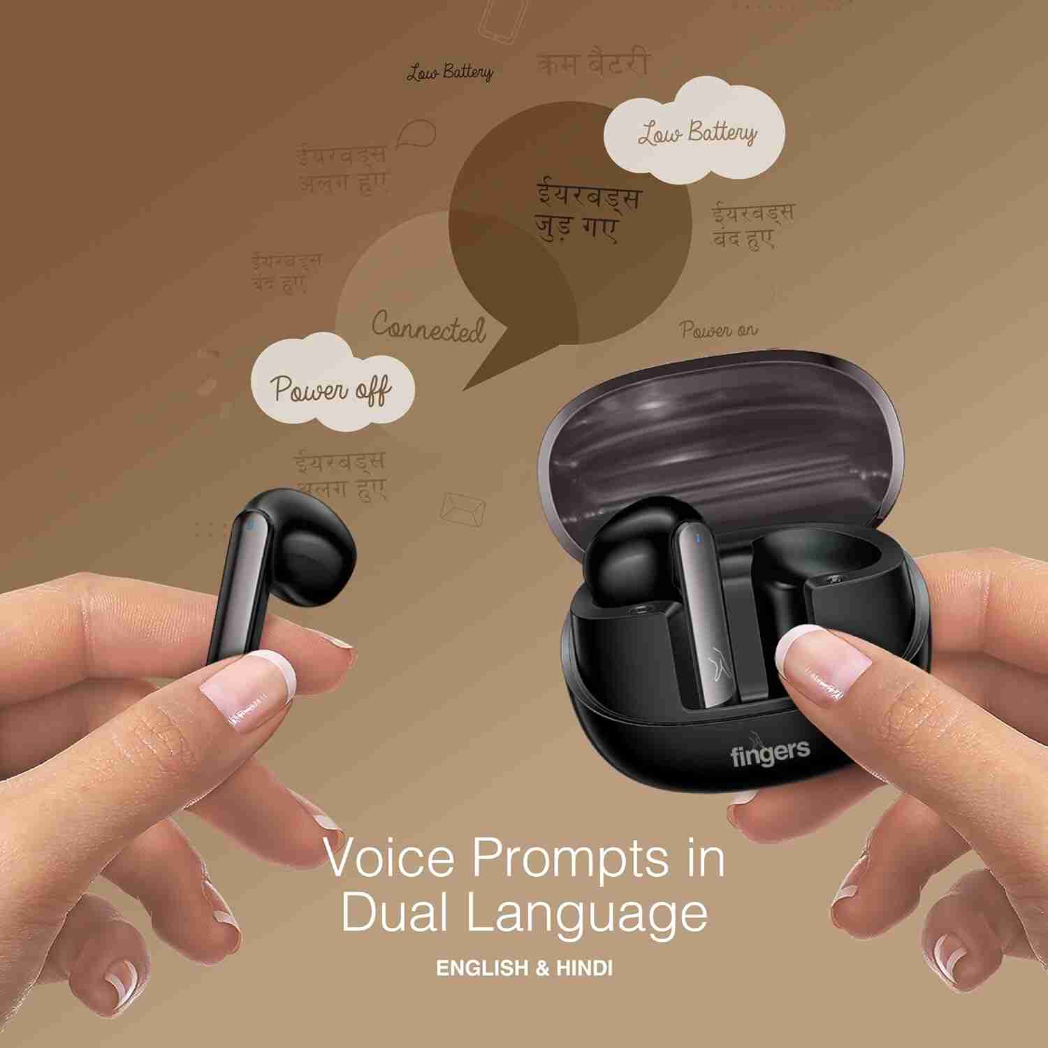 FINGERS Hi-Class TWS Earbuds - Classy | High-Class Sound, 24 Hours Playtime, Surround Noise Cancellation, Dual Language Voice Prompts, Intuitive Touch Controls (Gun Metal + Piano Black)