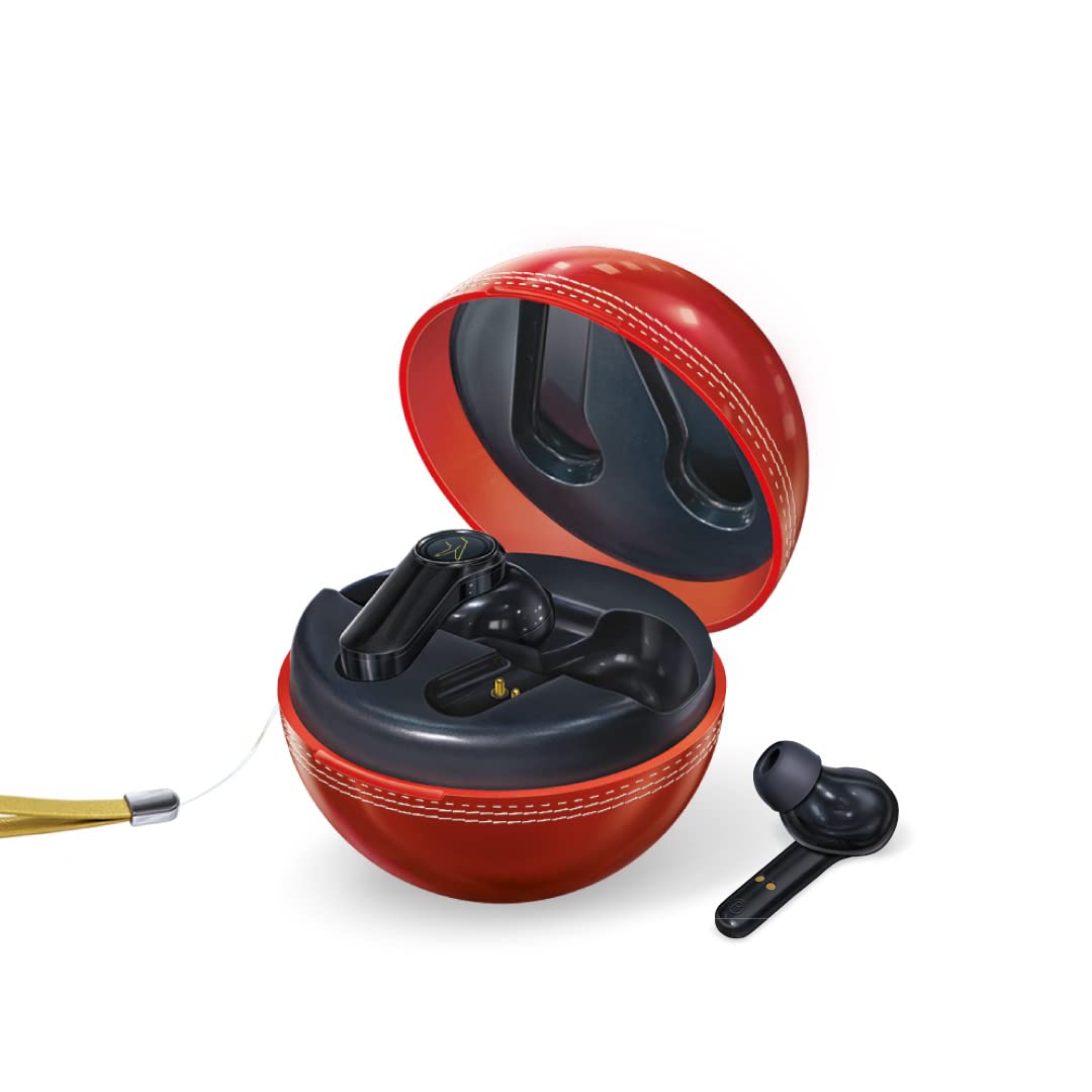 FINGERS Yorker Bluetooth Truly Wireless in Ear Earbuds with Mic (Cricket Themed | Snc Technology | 17.5 Hrs Power Playback | Fast Charging Type-C | Sweat Proof | Voice Assistant Support, Cherry Red)