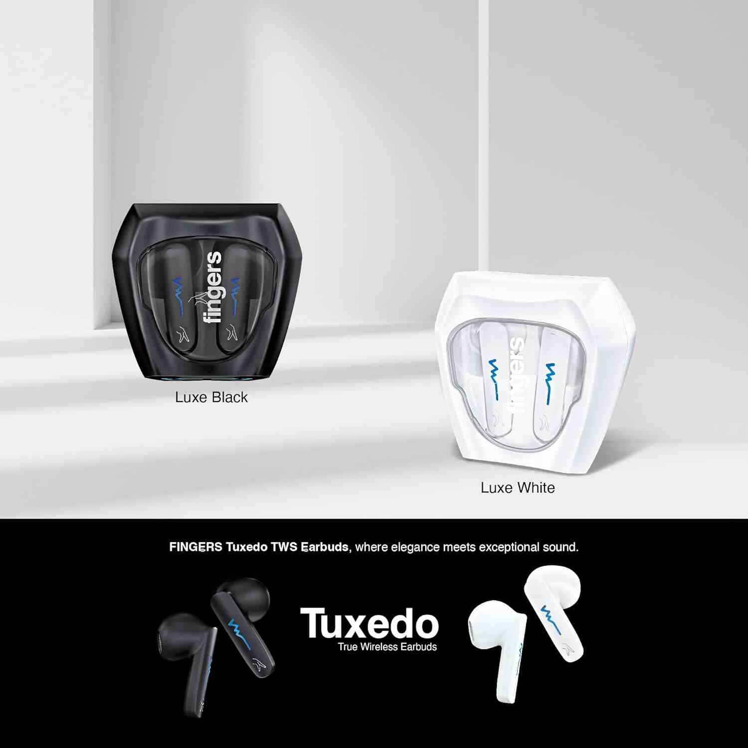 FINGERS Tuxedo TWS Earbuds with 32-Hour Playtime, Fast Charging, 13mm Neodymium Drivers, Surround Noise Cancellation (SNC Technology) Built-in Mic, IPX4 Sweat Resistant, Voice Assistant (Luxe White)