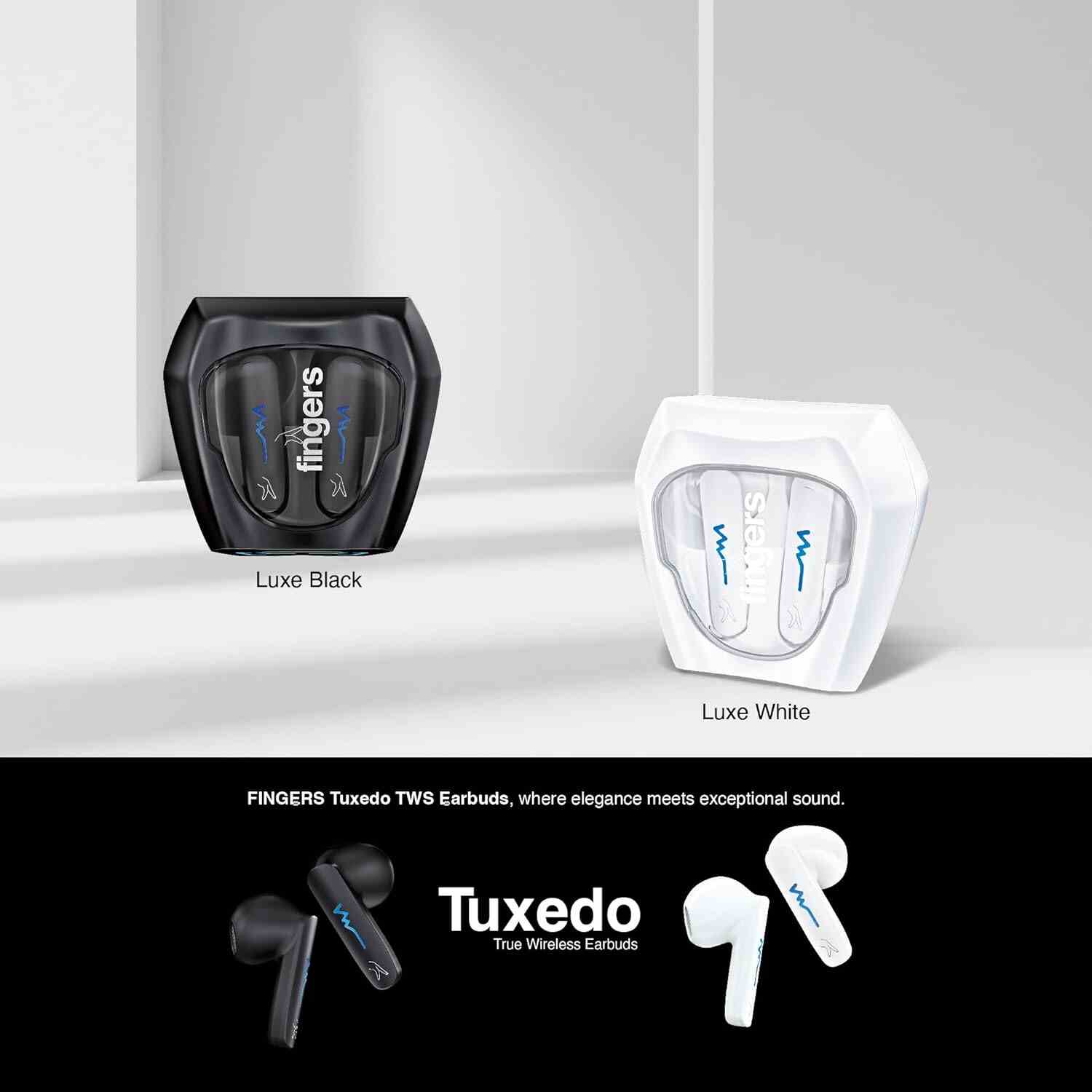 FINGERS Tuxedo TWS Earbuds with 32-Hour Playtime, Fast Charging, 13mm Neodymium Drivers, Surround Noise Cancellation (SNC Technology) Built-in Mic, IPX4 Sweat Resistant, Voice Assistant (Luxe Black)