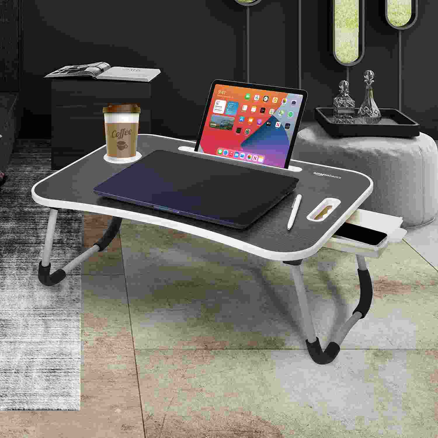 Wood Foldable Laptop Table with Cup Holder, Tablet Groove and Mini Drawer (Black)