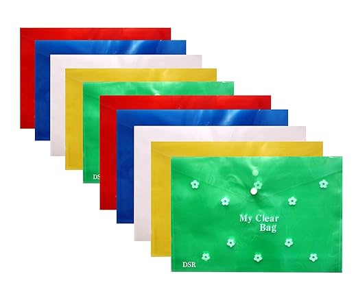 SBFM Bright Color Envelope Folder, Poly-Plastic A4 Documents File Storage Bag With Snap Button Certificate File Holder Document Folder For Certificates (Mix Color), Multi-Coloured (Pack of 12)